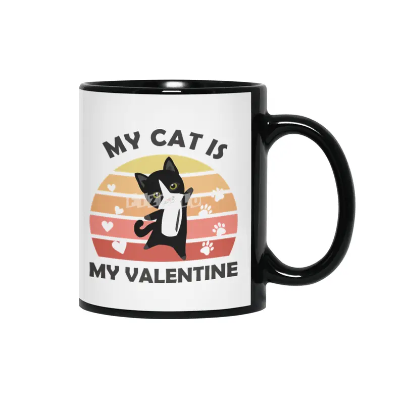 My Cat Is My Valentine Cats Black Heart Vintage Siyah Kupa