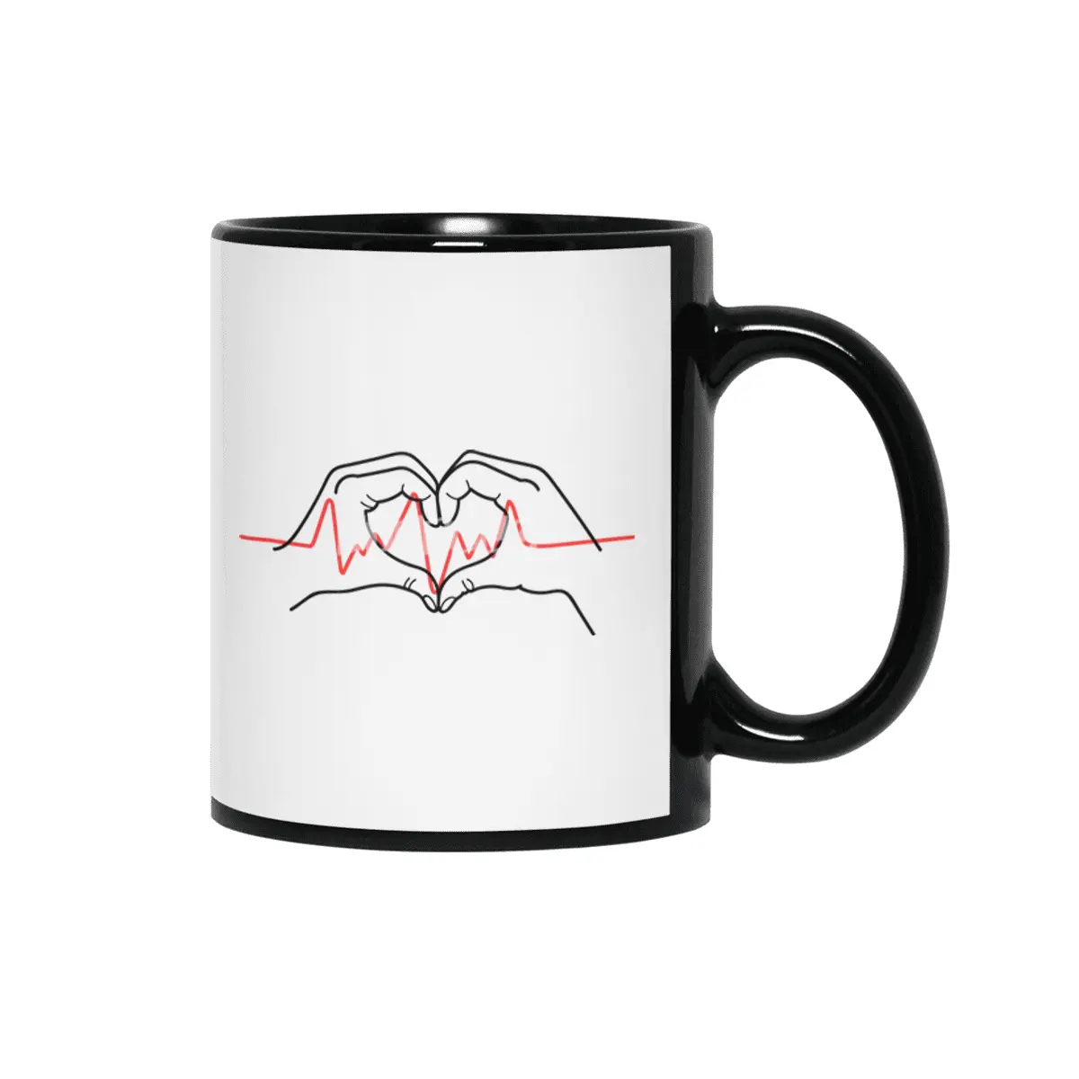 Heartbeat Design: Two Hands Forming a Heart with Fingers Siyah Kupa
