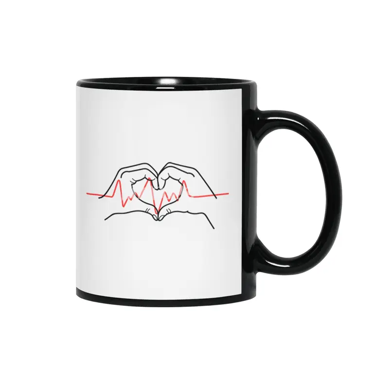Heartbeat Design: Two Hands Forming a Heart with Fingers Siyah Kupa