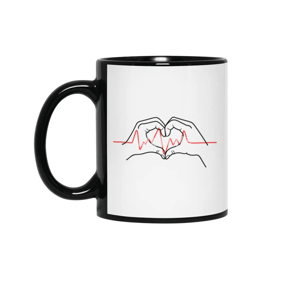 Heartbeat Design: Two Hands Forming a Heart with Fingers Siyah Kupa