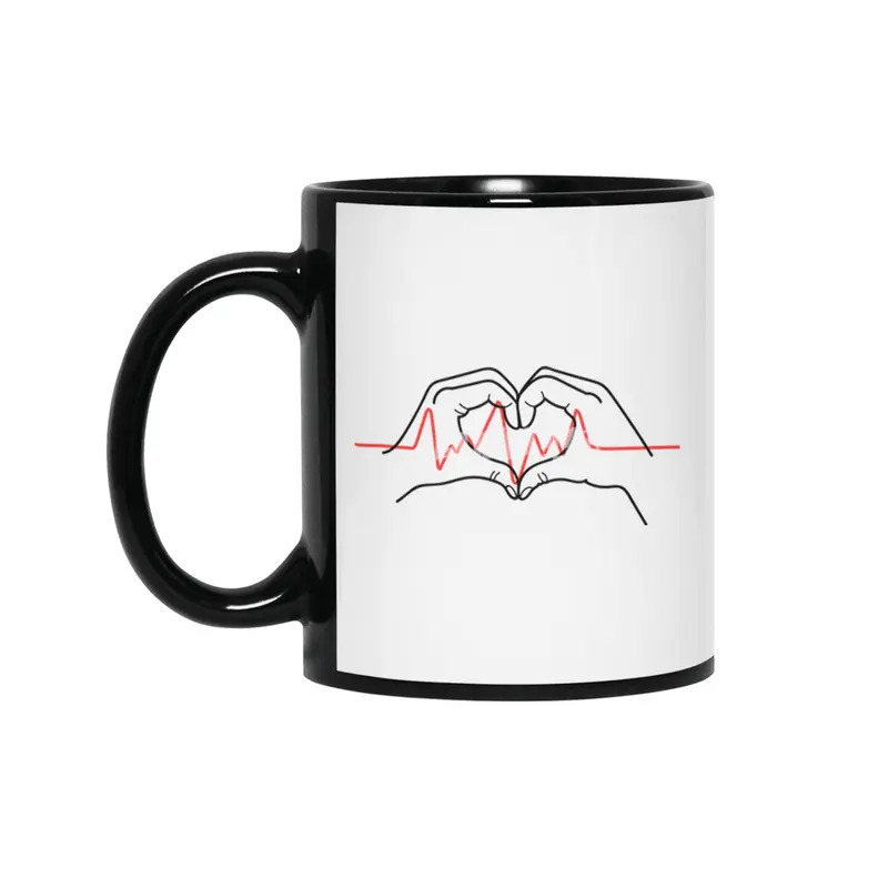 Heartbeat Design: Two Hands Forming a Heart with Fingers Siyah Kupa
