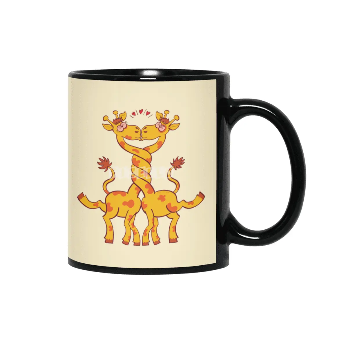 Sweet couple of giraffes in love intertwining necks and kissing Siyah Kupa