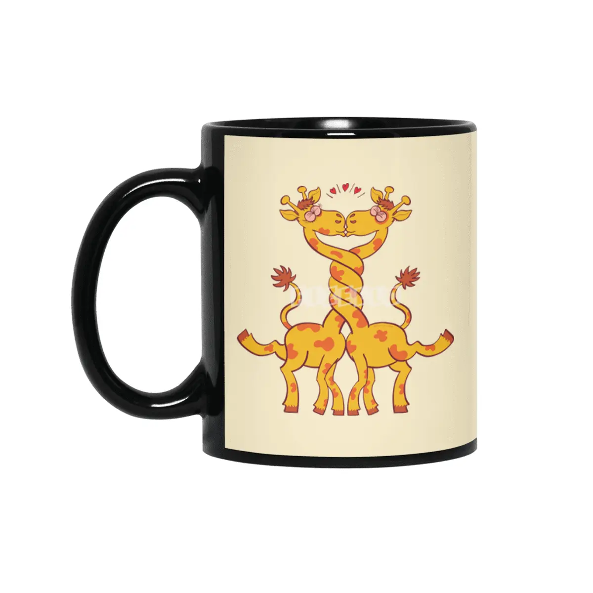 Sweet couple of giraffes in love intertwining necks and kissing Siyah Kupa