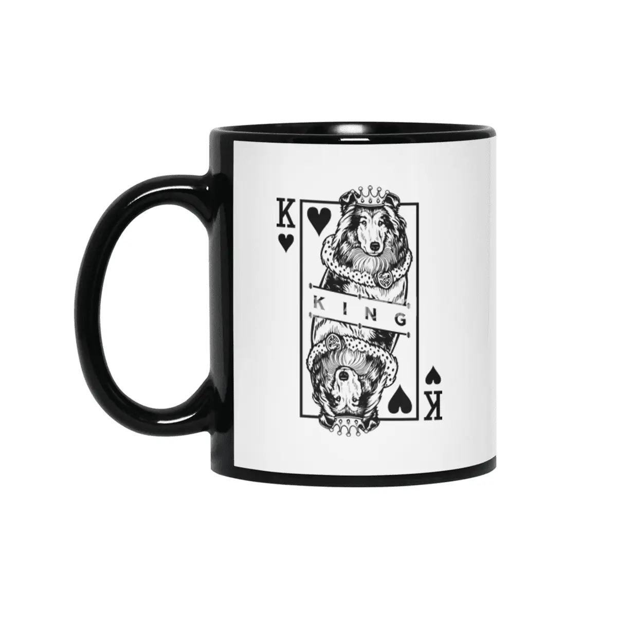 Rough Collie King Of Hearts Funny Dog Playing Card Pop Art Siyah Kupa