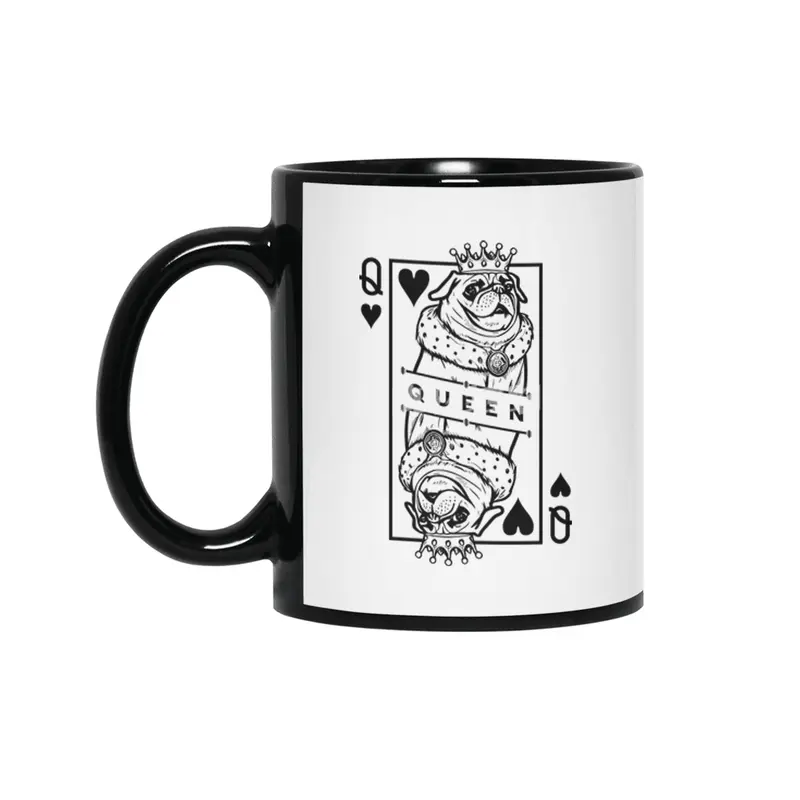 Funny Pug Queen Of Hearts Dog Lover Playing Card Pop Art Siyah Kupa