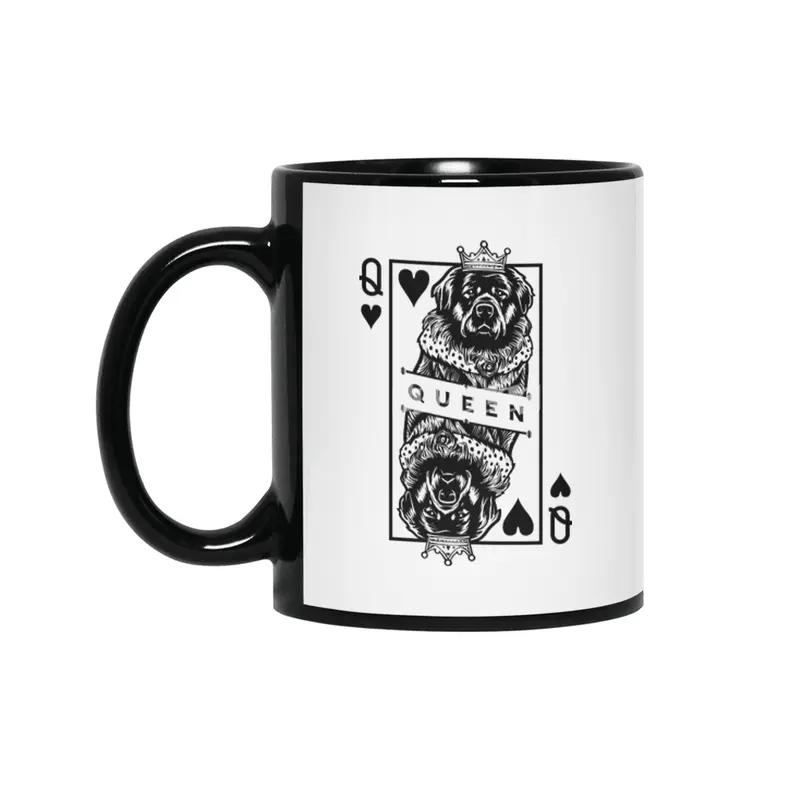 Newfoundland Queen Of Hearts Funny Dog Playing Card Pop Art Siyah Kupa