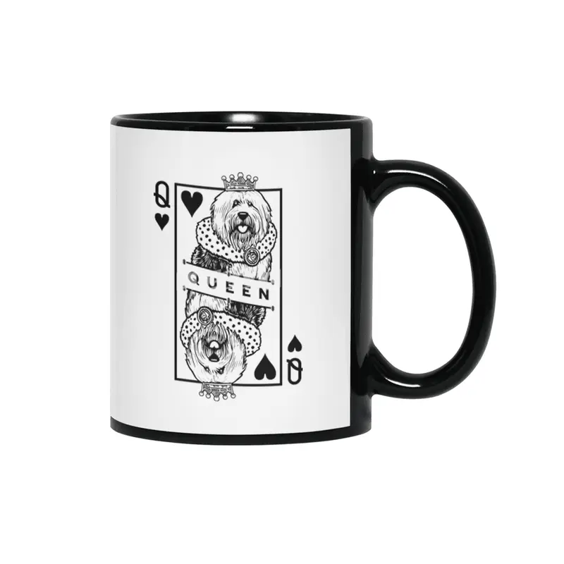 Old English Sheepdog Queen Of Hearts Funny Dog Card Pop Art Siyah Kupa