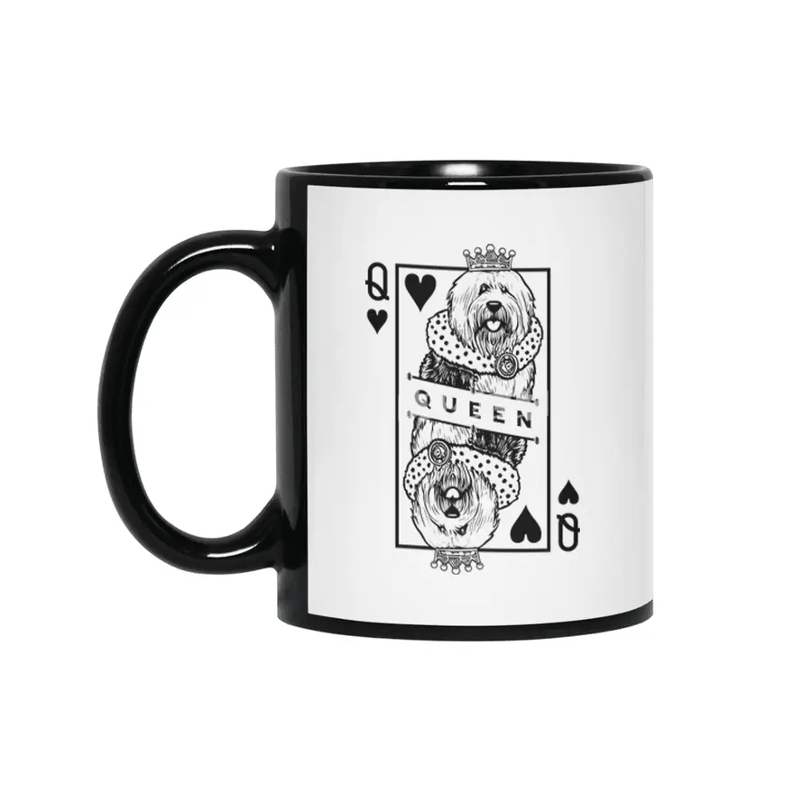 Old English Sheepdog Queen Of Hearts Funny Dog Card Pop Art Siyah Kupa