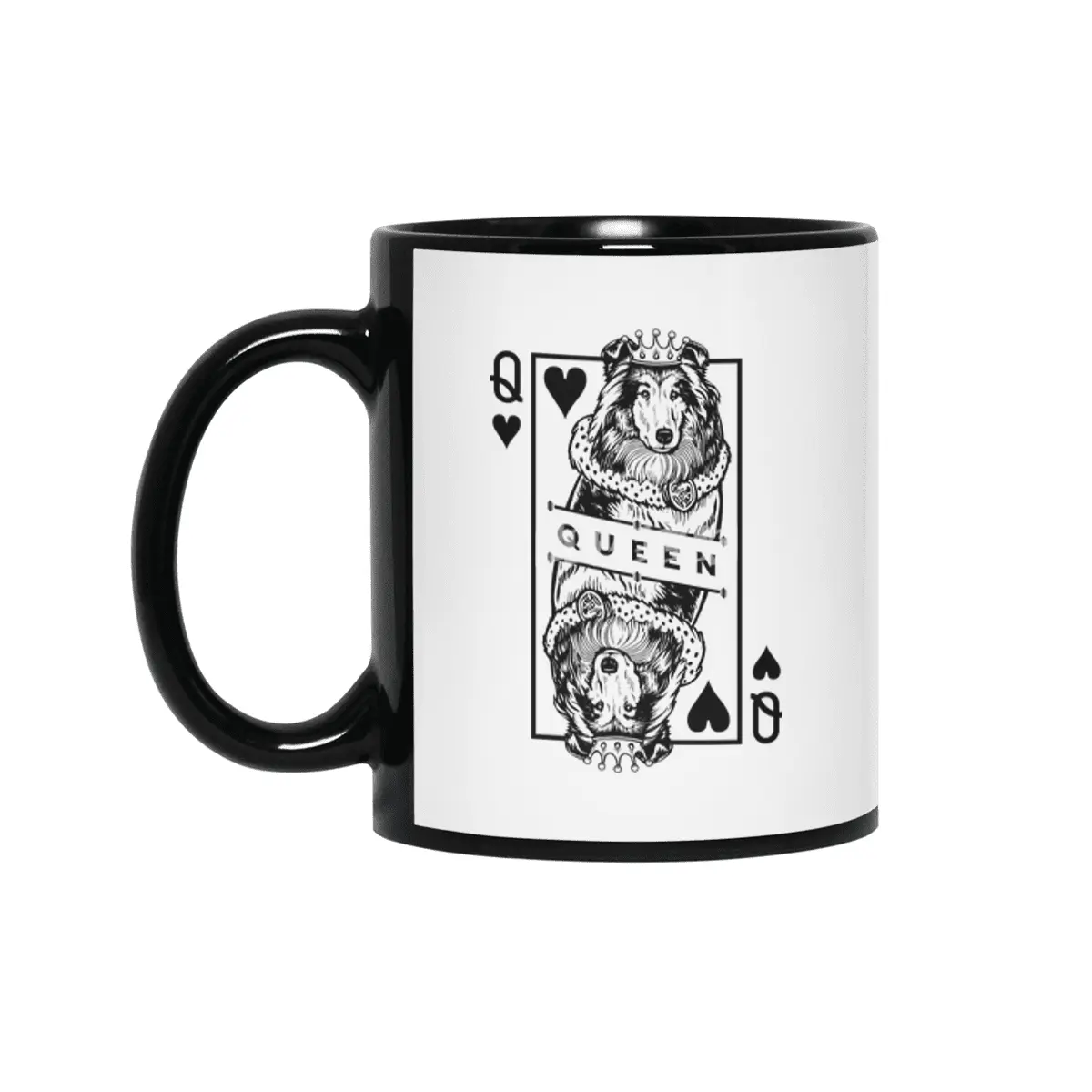 Rough Collie Queen Of Hearts Funny Dog Playing Card Pop Art Siyah Kupa