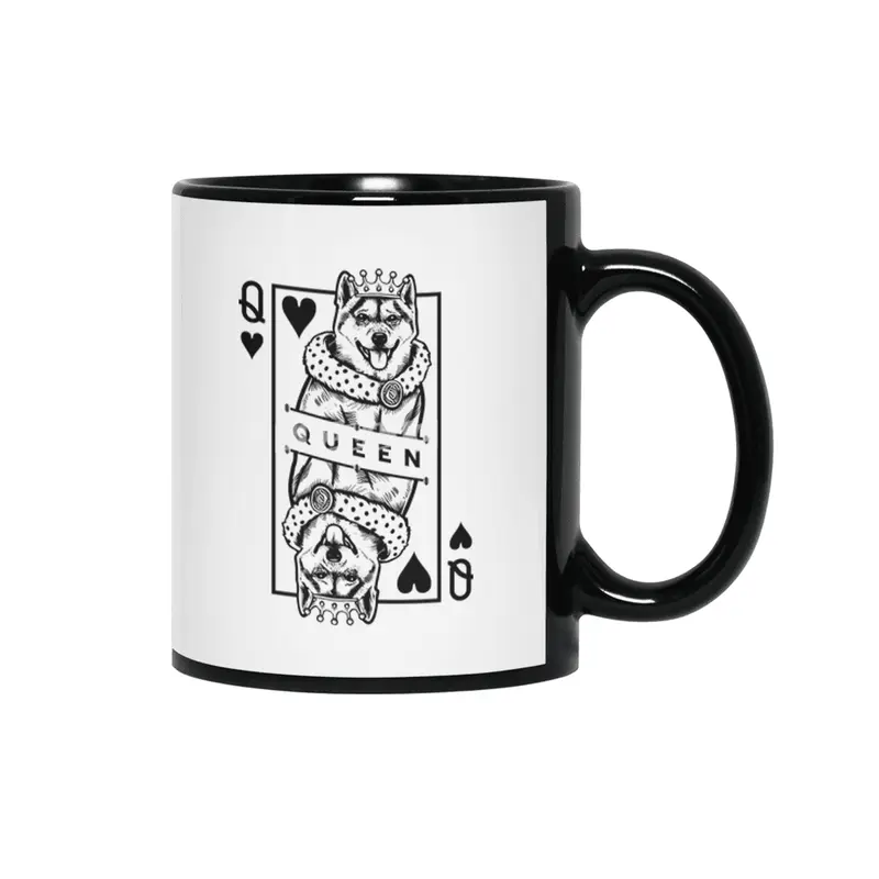 Shiba Inu Queen Of Hearts Funny Dog Playing Card Pop Art Siyah Kupa