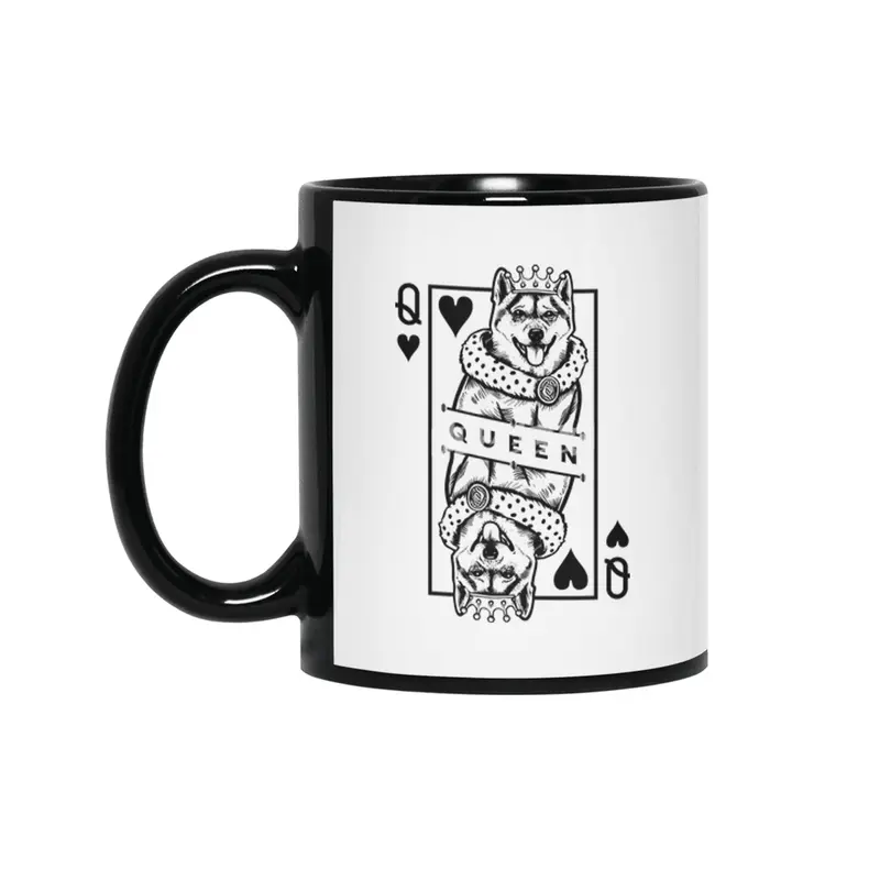Shiba Inu Queen Of Hearts Funny Dog Playing Card Pop Art Siyah Kupa