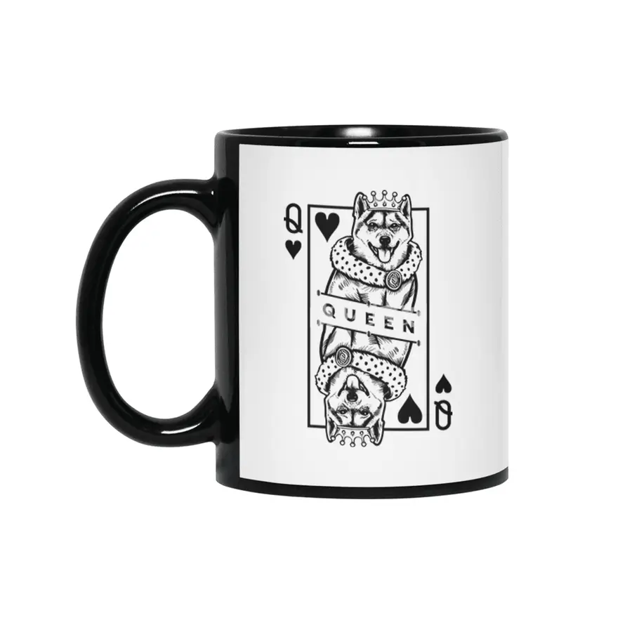 Shiba Inu Queen Of Hearts Funny Dog Playing Card Pop Art Siyah Kupa