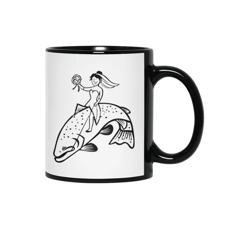 Bride Female Fisherman with Flower Bouquet Riding a Steelhead Trout Cartoon Black and White Siyah Kupa