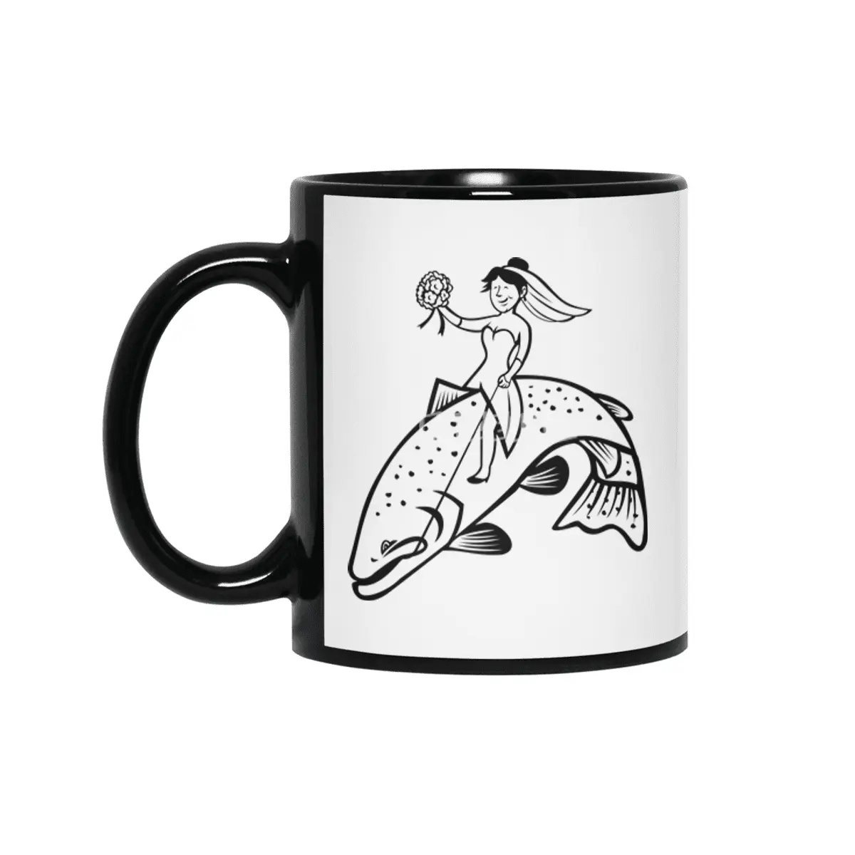 Bride Female Fisherman with Flower Bouquet Riding a Steelhead Trout Cartoon Black and White Siyah Kupa