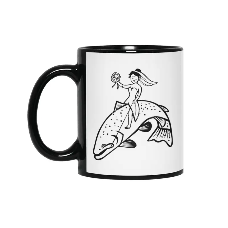 Bride Female Fisherman with Flower Bouquet Riding a Steelhead Trout Cartoon Black and White Siyah Kupa