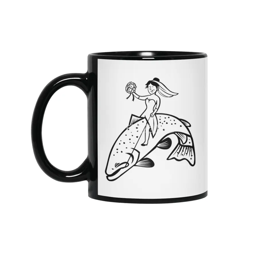Bride Female Fisherman with Flower Bouquet Riding a Steelhead Trout Cartoon Black and White Siyah Kupa