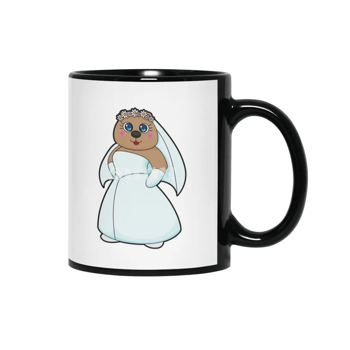 Bear as Bride with Wreath of Flowers Siyah Kupa