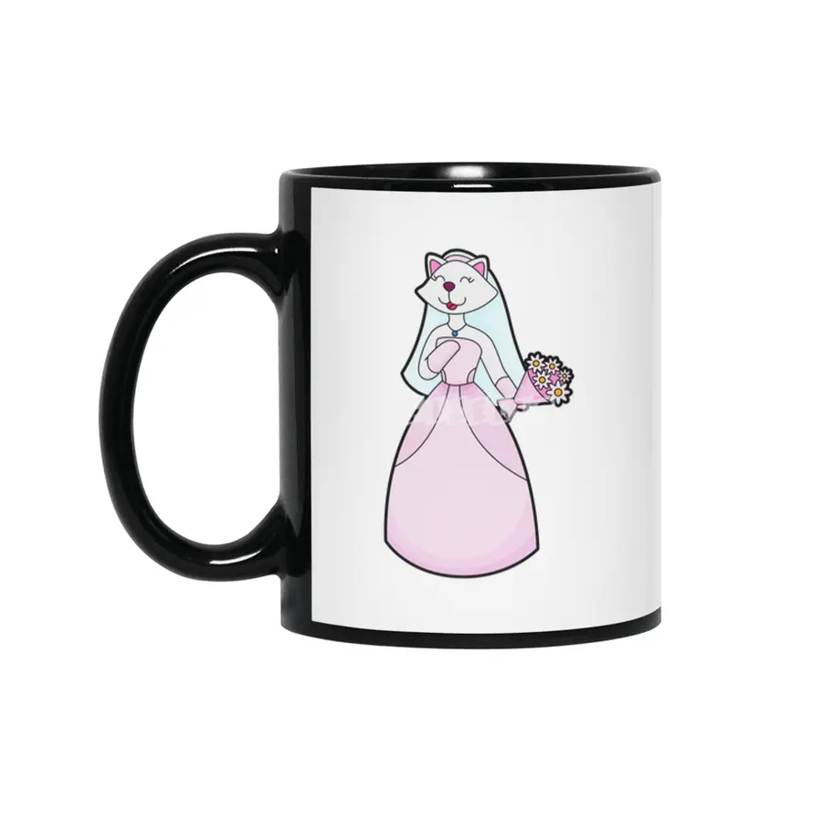 Cat as Bride with Bunch of Flowers Siyah Kupa