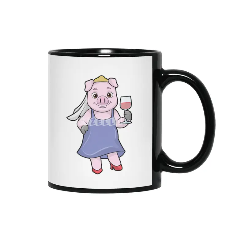Pig as Bride with Veil & Red wine Siyah Kupa