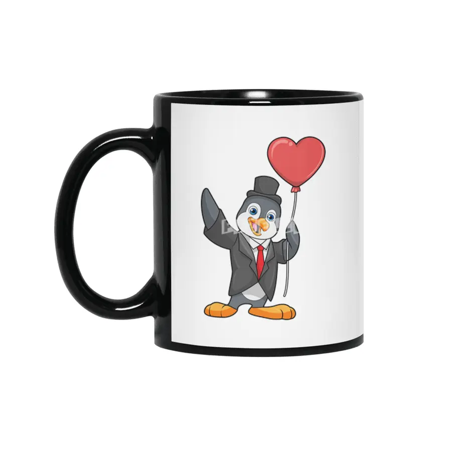 Penguin as Groom with Heart Ballon Siyah Kupa