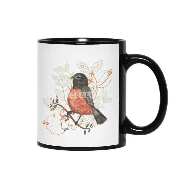 Robin Bird Watercolor  Siyah Kupa