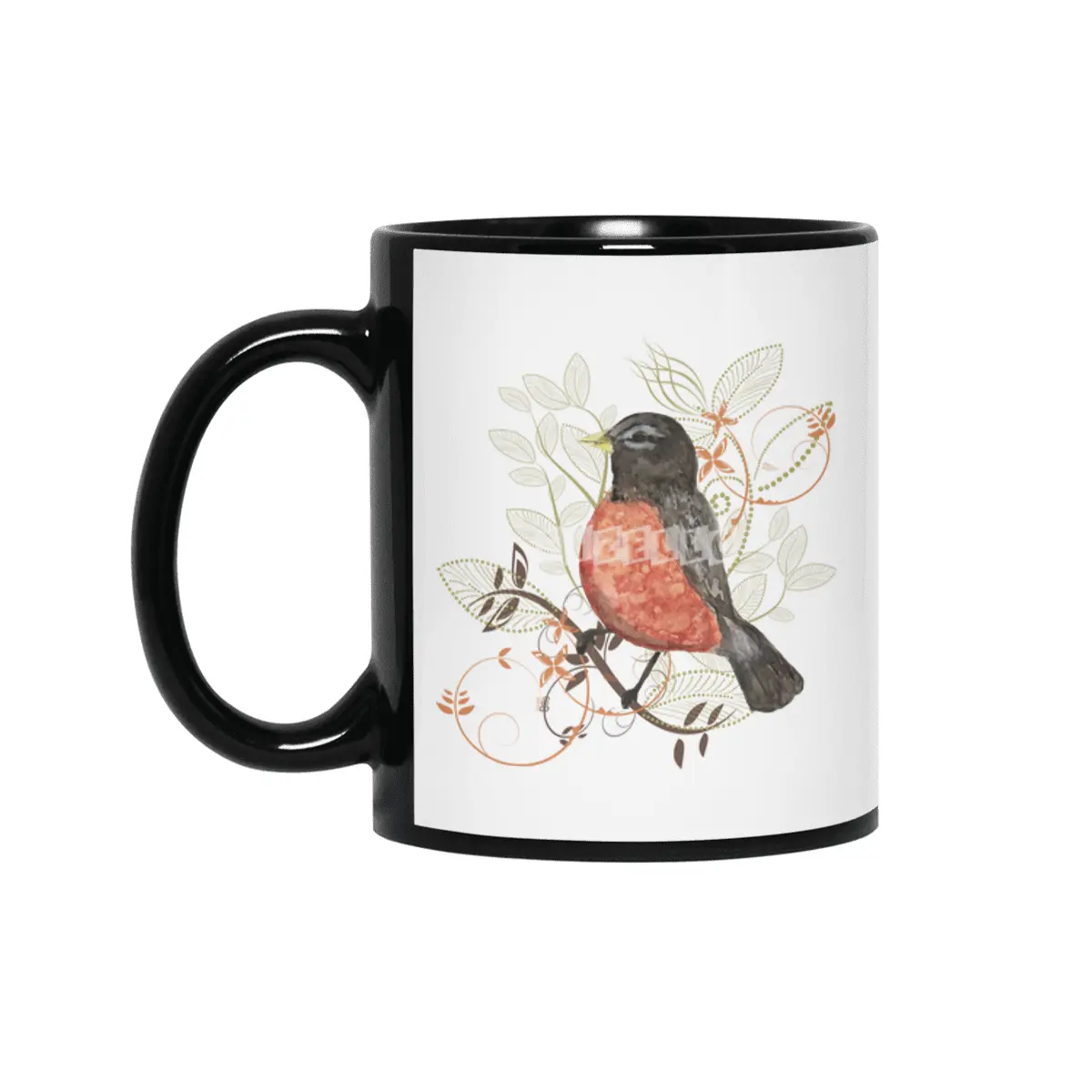 Robin Bird Watercolor Siyah Kupa
