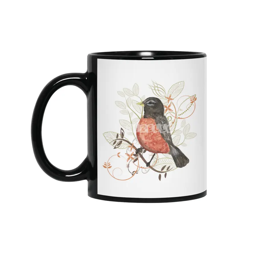 Robin Bird Watercolor  Siyah Kupa