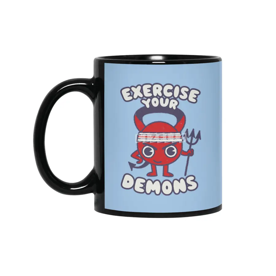 Exercise Your Demon - Humorous Cartoon Gym Funny Workout Graphic Siyah Kupa