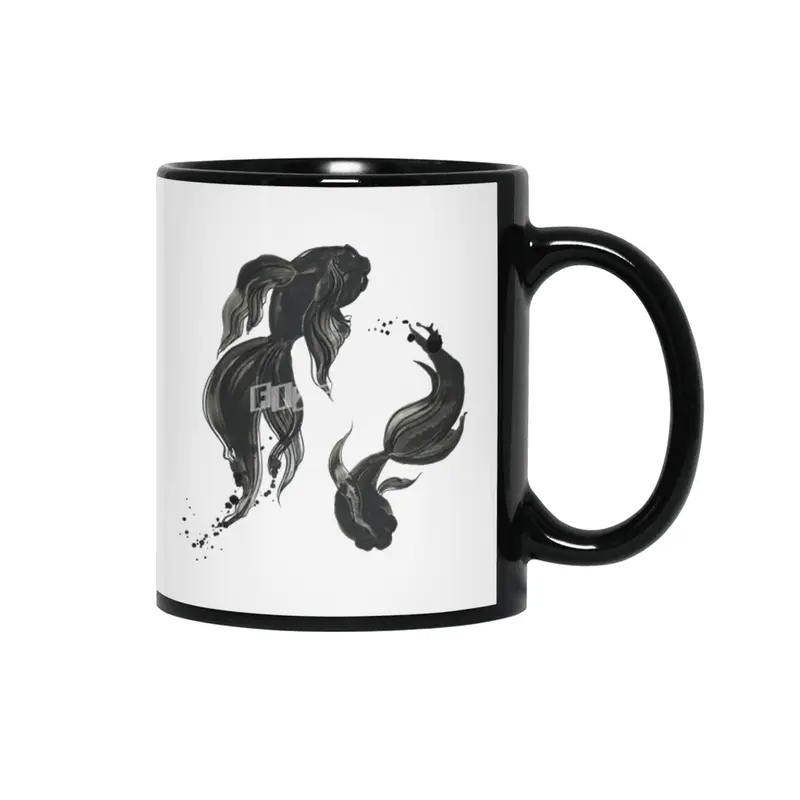 Koi fishes in Japanese painting style. Siyah Kupa