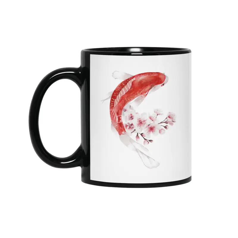 Koi Fish and Cherry Blossoms Siyah Kupa