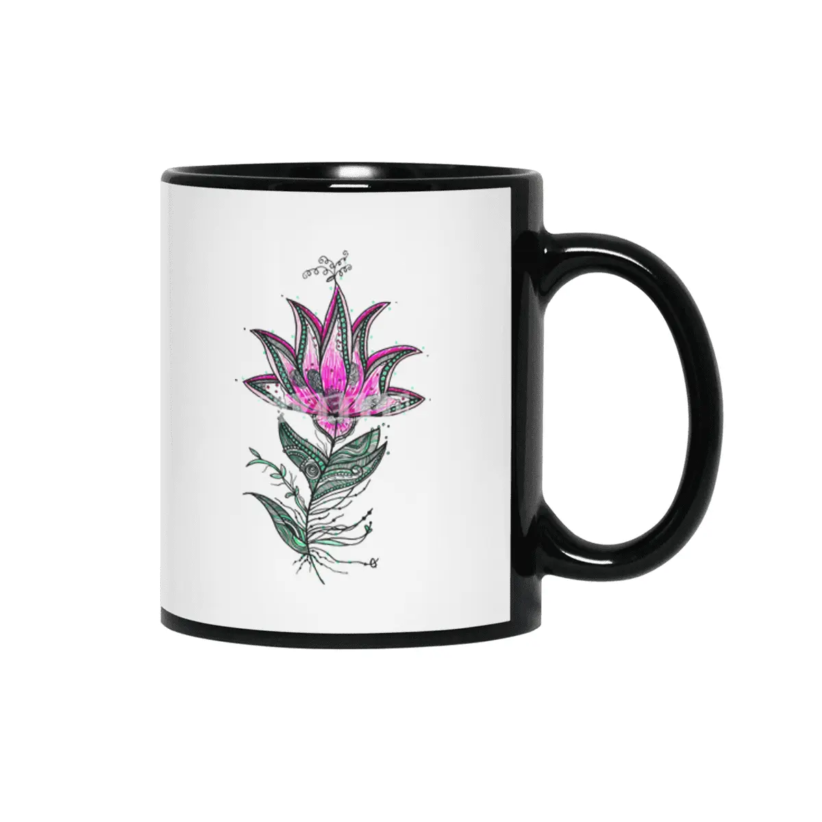 Zentangle Lotus Flower Siyah Kupa