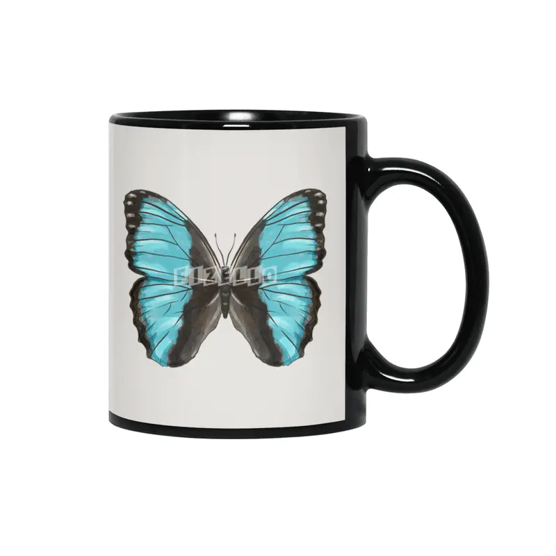 Blue Butterfly Insect Art Siyah Kupa