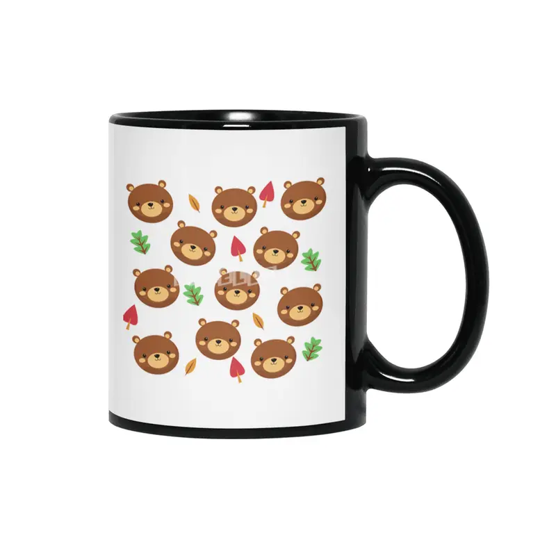 Bear Bears Pattern Leaves Cute Animals Forest Siyah Kupa