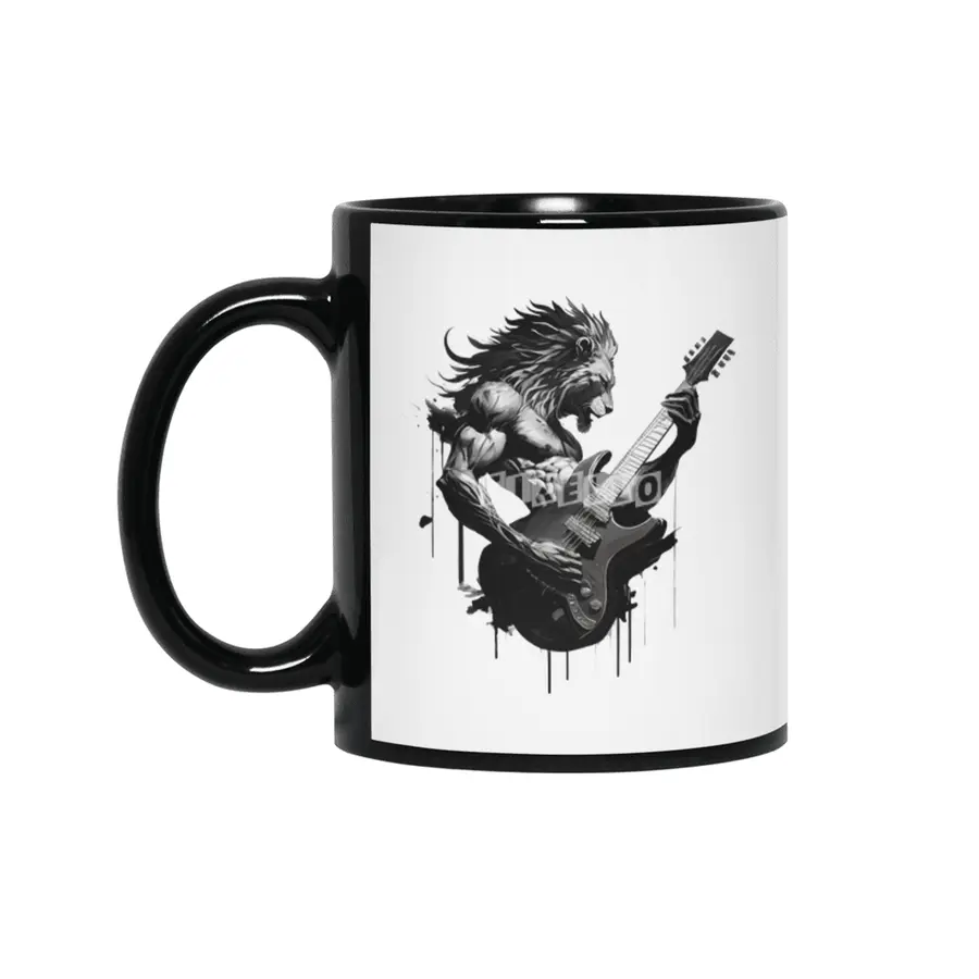 lion plays guitar Siyah Kupa