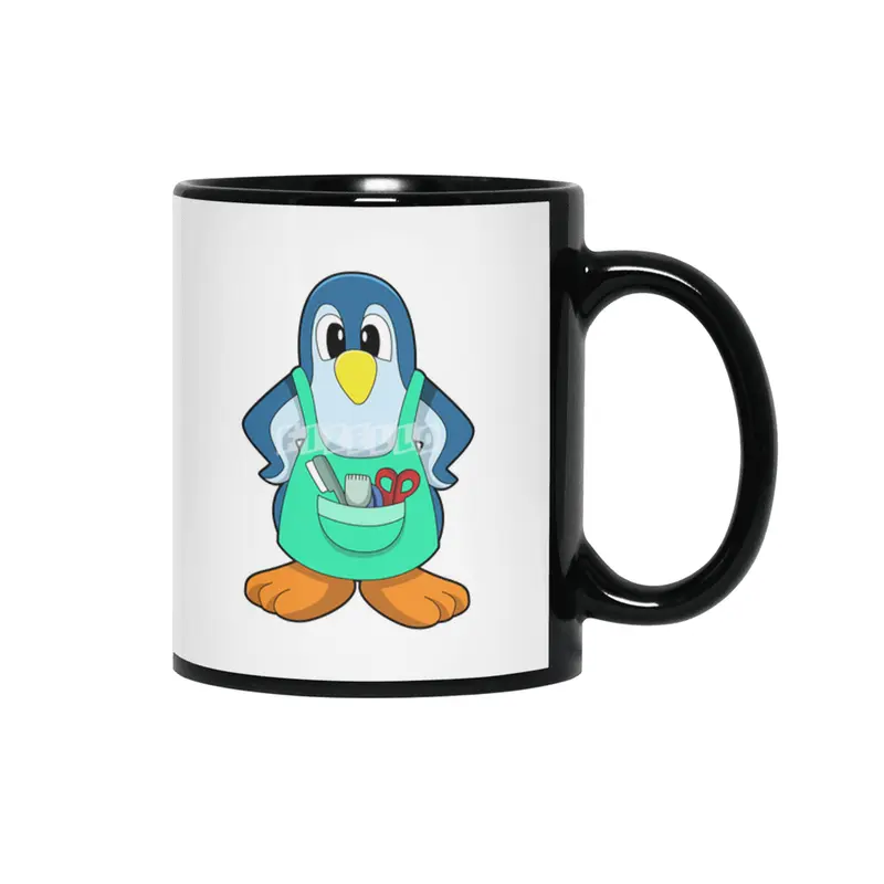Penguin as Hairdresser with Scissors & Razor Siyah Kupa