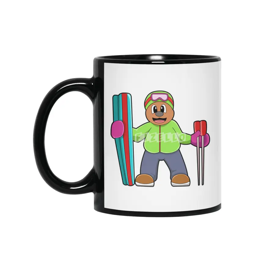 Bear as Skier with Ski & Ski poles Siyah Kupa