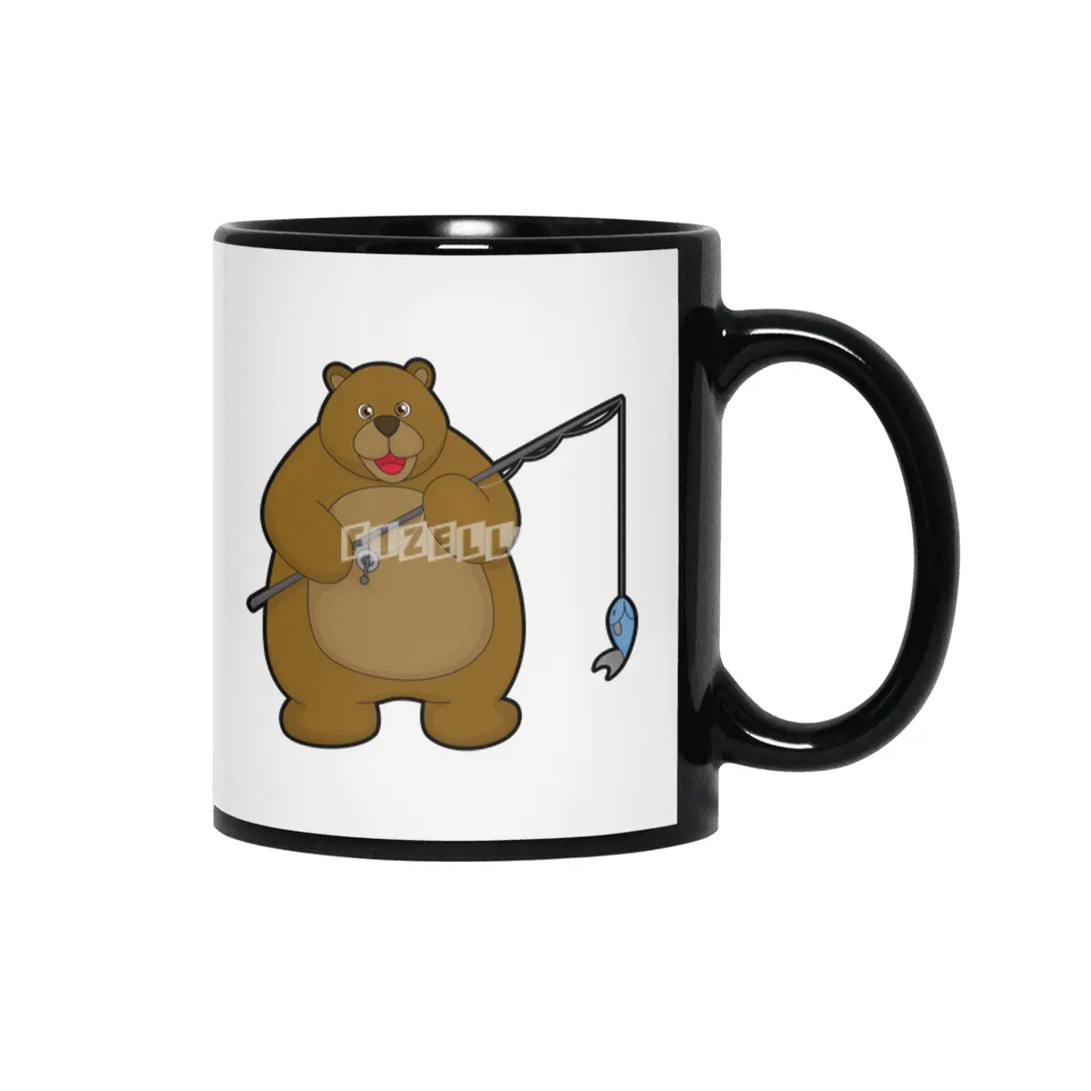 Bear at Fishing with Fishing rod & Fish Siyah Kupa