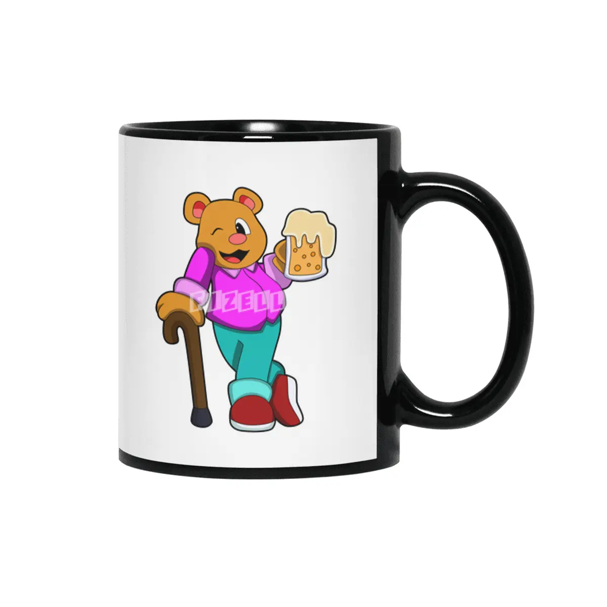 Bear with Glass of Beer & Walkingstick Siyah Kupa