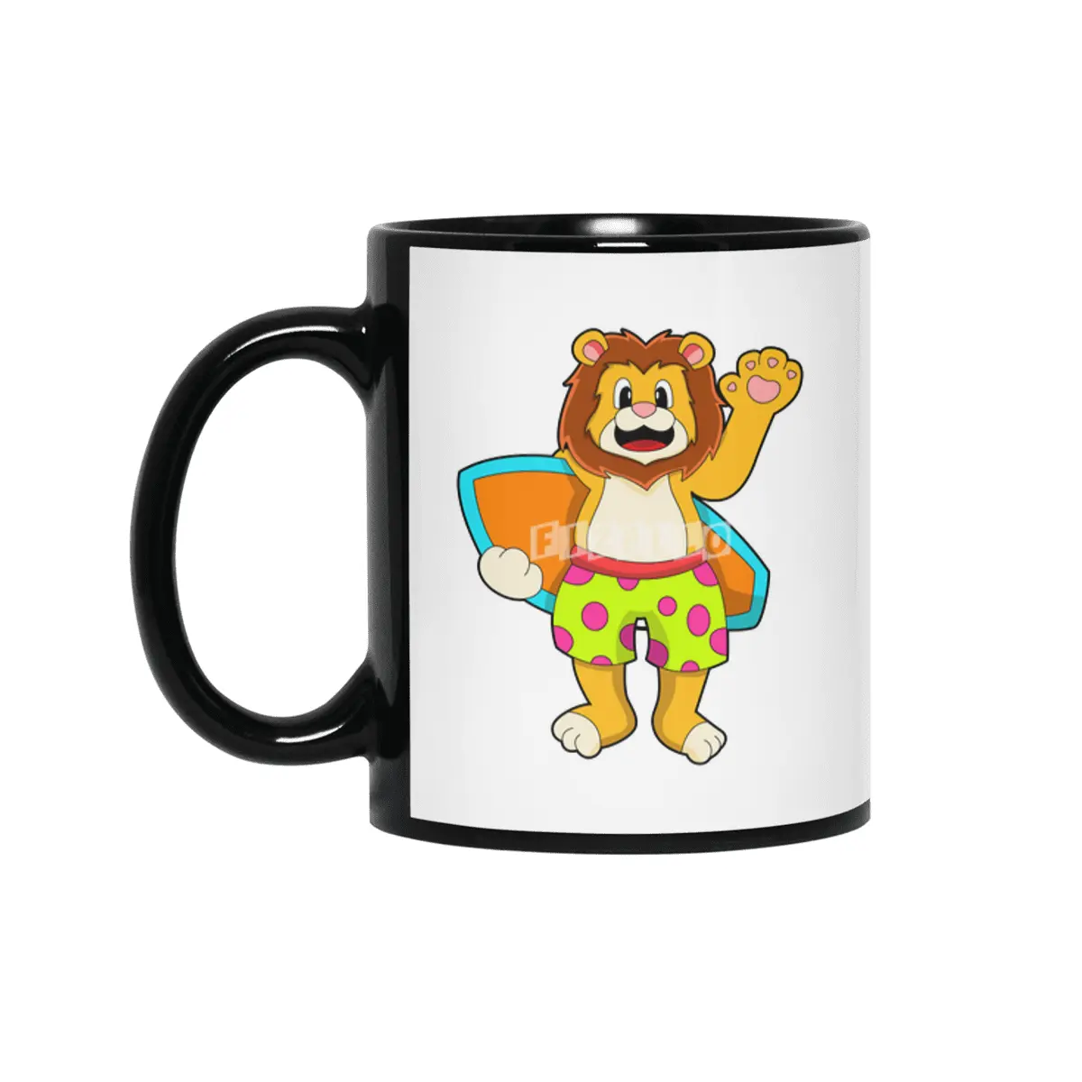 Lion as Surfer with Surfboard Siyah Kupa