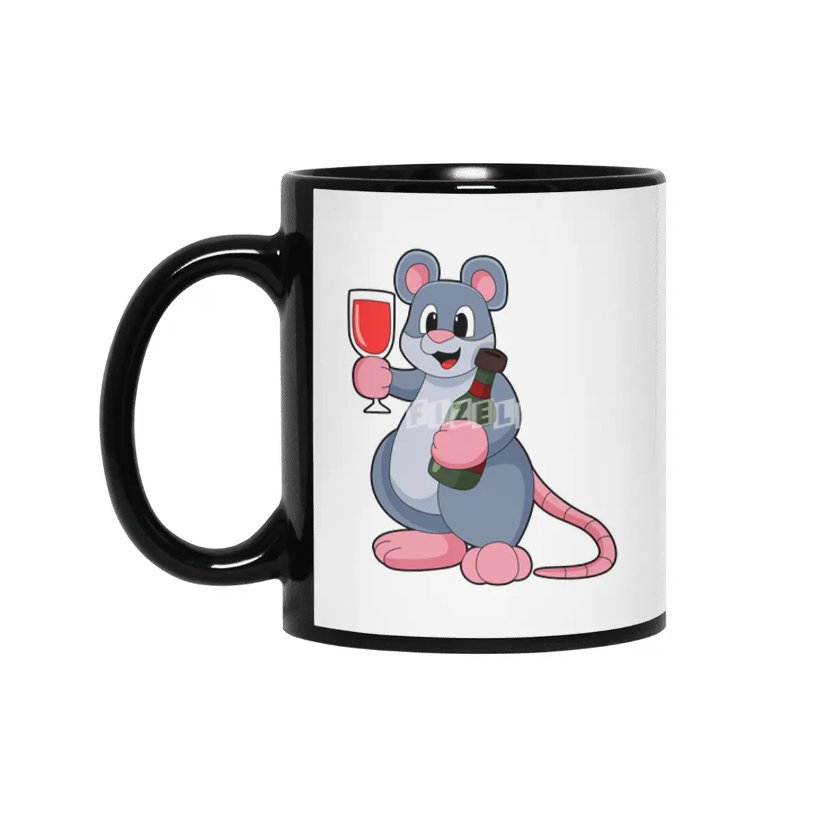 Mouse with Glass of Wine & Bottle Wine Siyah Kupa