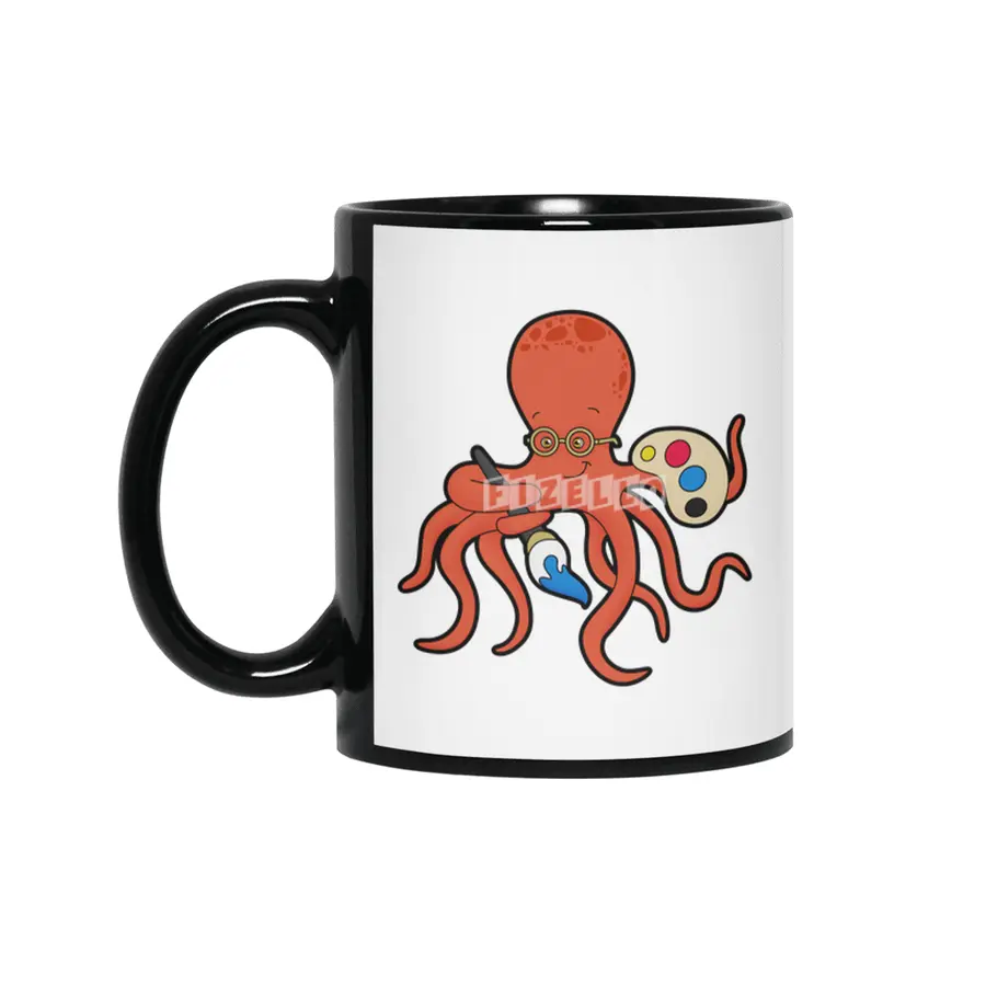 Octopus as Painter with Paint & Brush Siyah Kupa