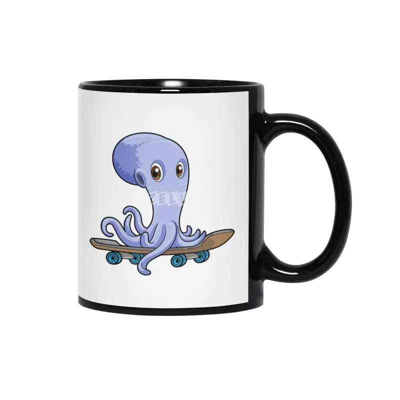 Octopus as Skater with Skateboard Siyah Kupa