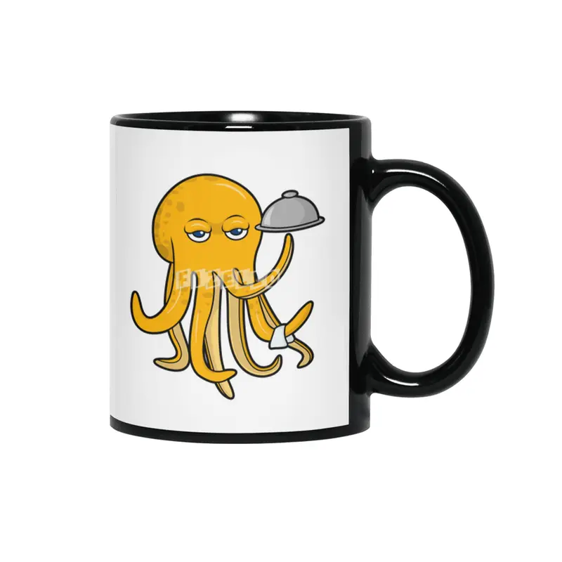 Octopus as Waiter with Platter & Serving towel Siyah Kupa