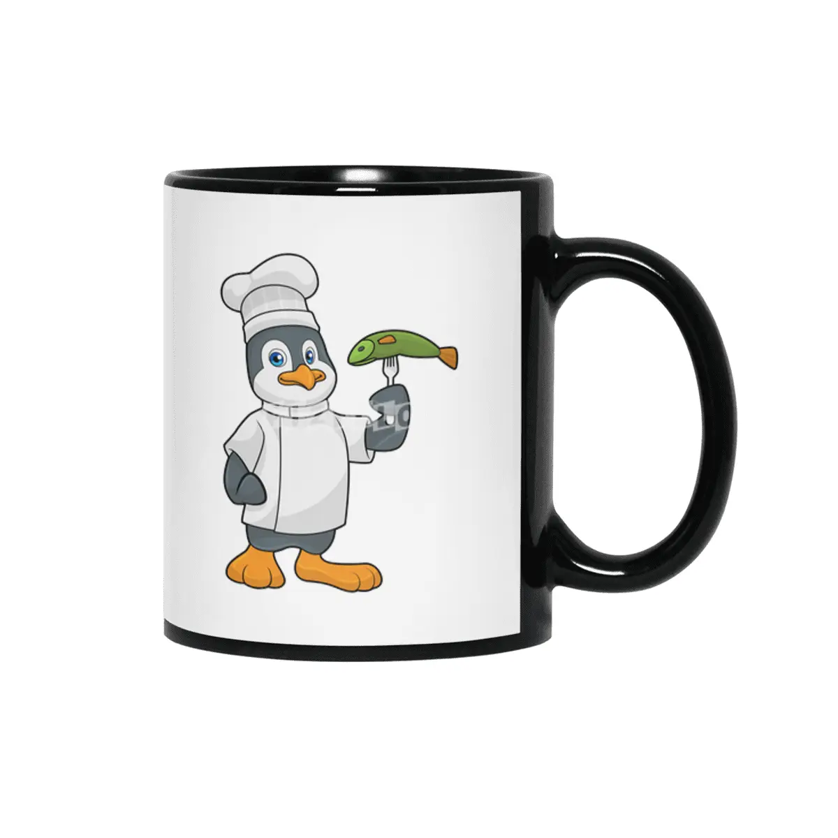 Penguin as Cook with Fish & Cooking apron Siyah Kupa