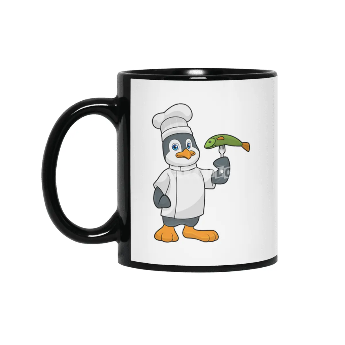 Penguin as Cook with Fish & Cooking apron Siyah Kupa
