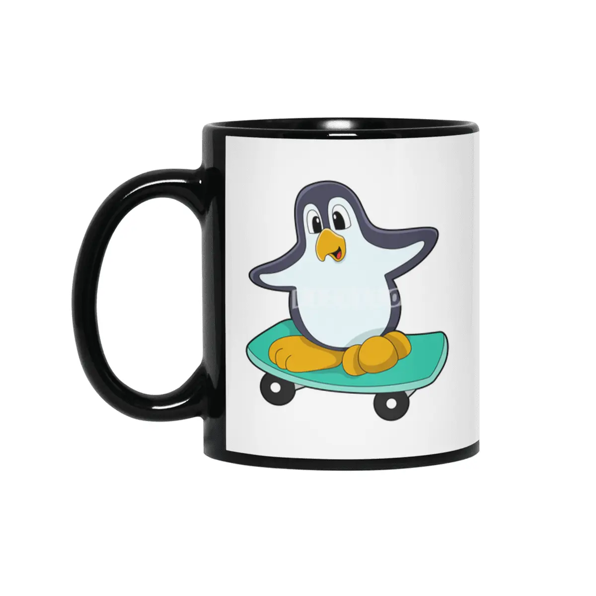 Penguin as Skater on Skateboard Siyah Kupa