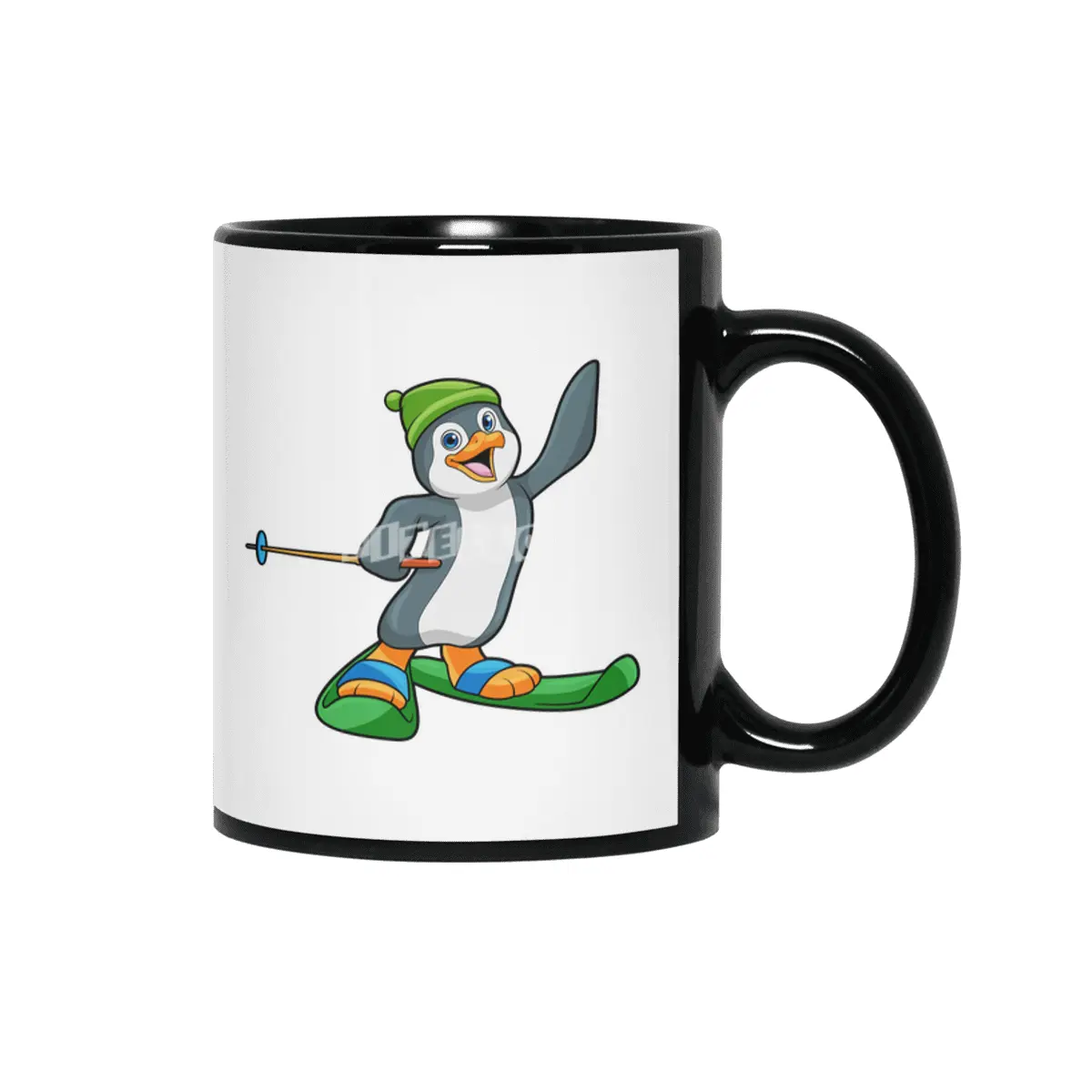 Penguin as Skier with Ski & Cap Siyah Kupa