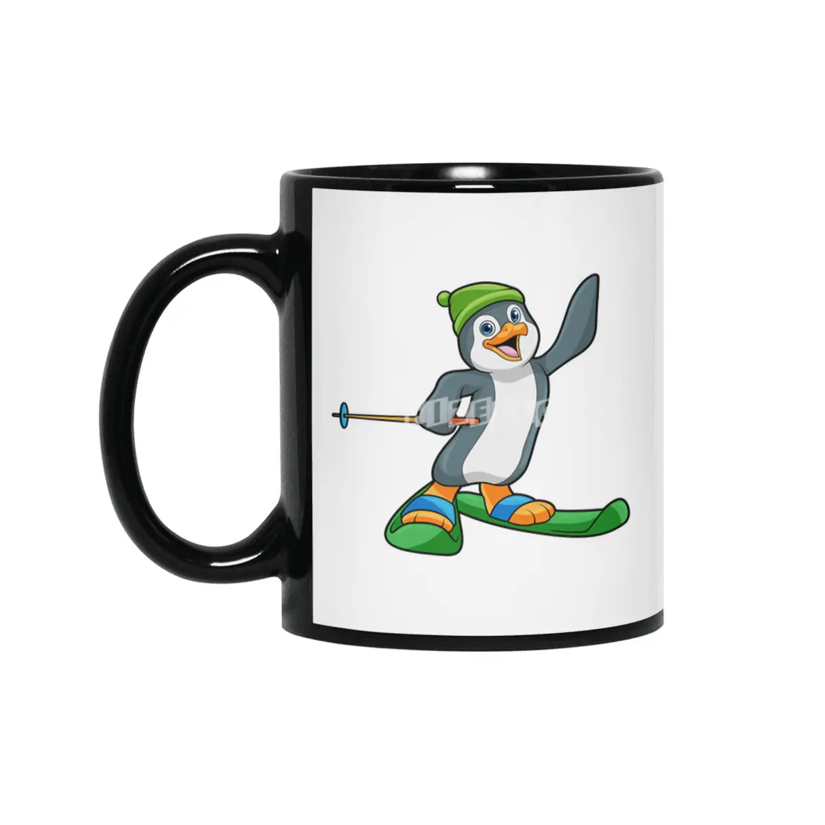 Penguin as Skier with Ski & Cap Siyah Kupa