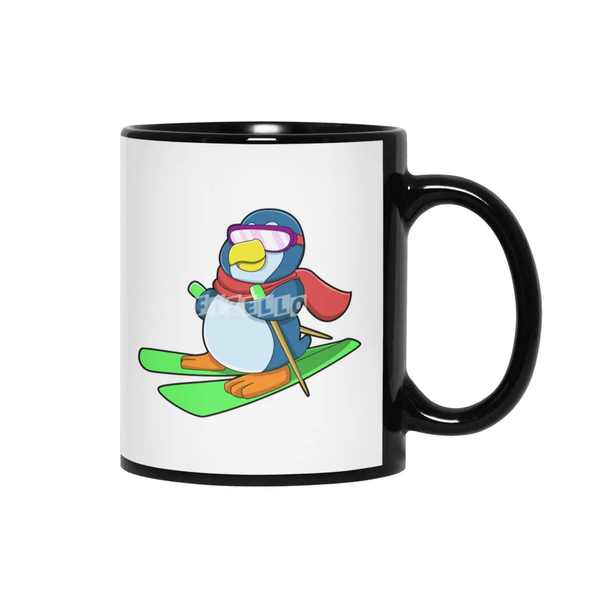 Penguin as Skier with Ski Scarf & Sunglasses Siyah Kupa
