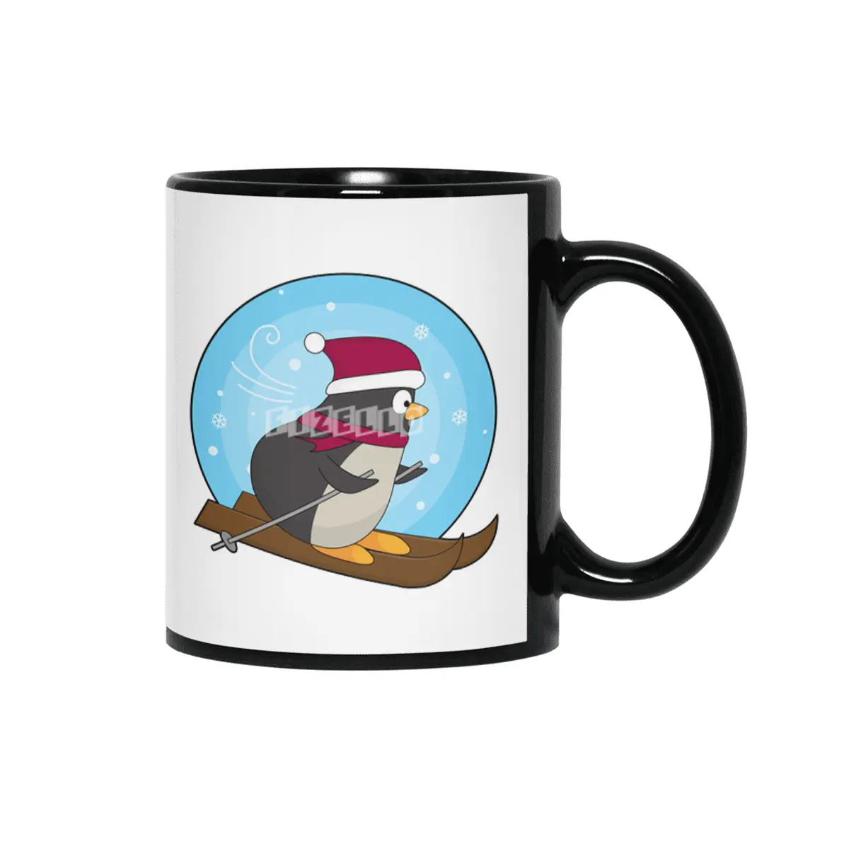 Penguin as Skier with Skis Siyah Kupa